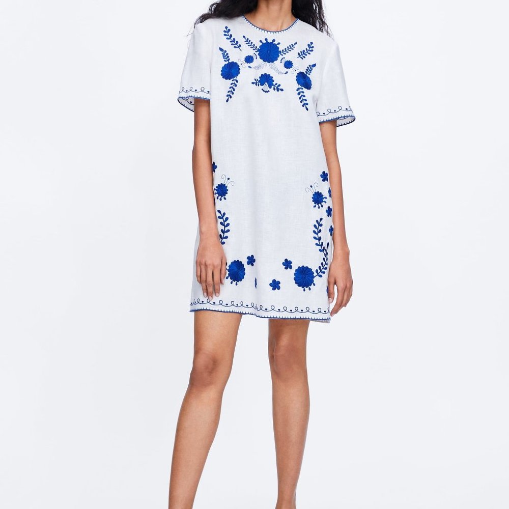 Zara white linen embroidered dress